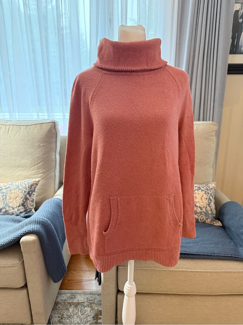 LOFT Dusty Rose Cowl-Neck Sweater with Front Pocket